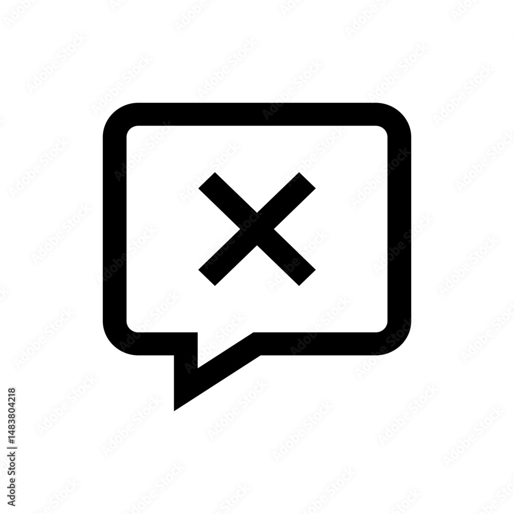 Poster black outline of a speech bubble with rounded corners containing a bold black x shape in the center 