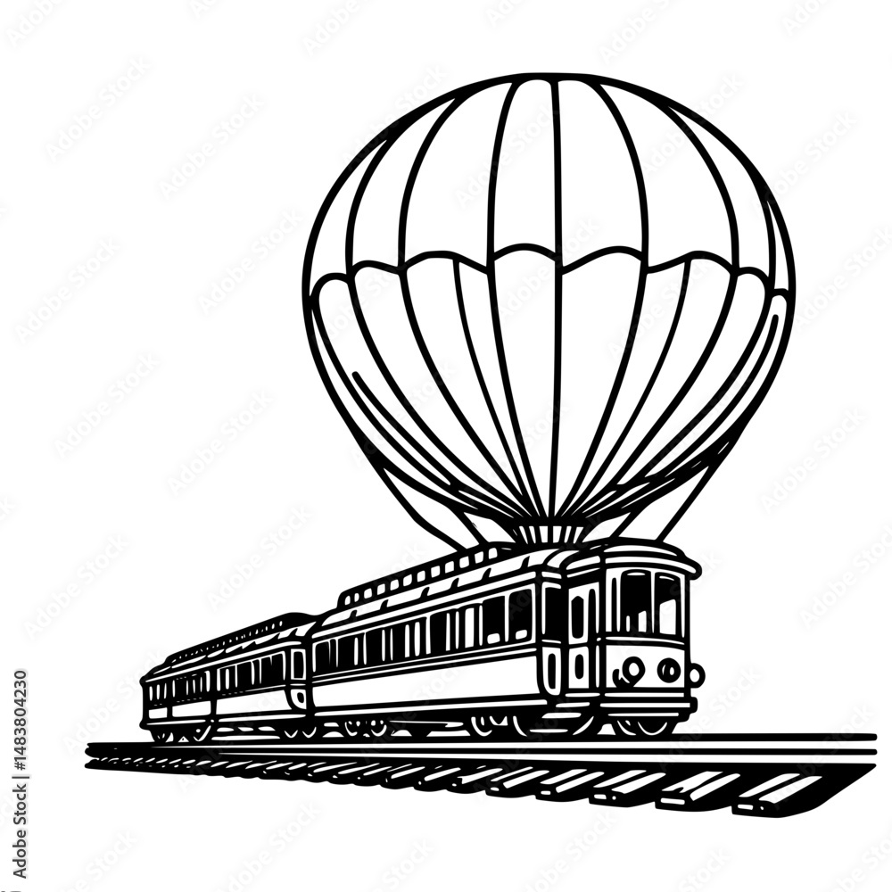 Poster train with hot air balloon floating above in a linear design , single line contour vector image