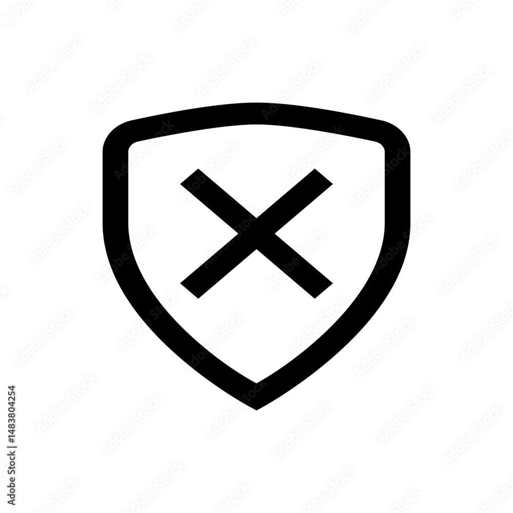 Aufkleber black outlined shield with a black x symbol inside indicating a failed security or error state icon 