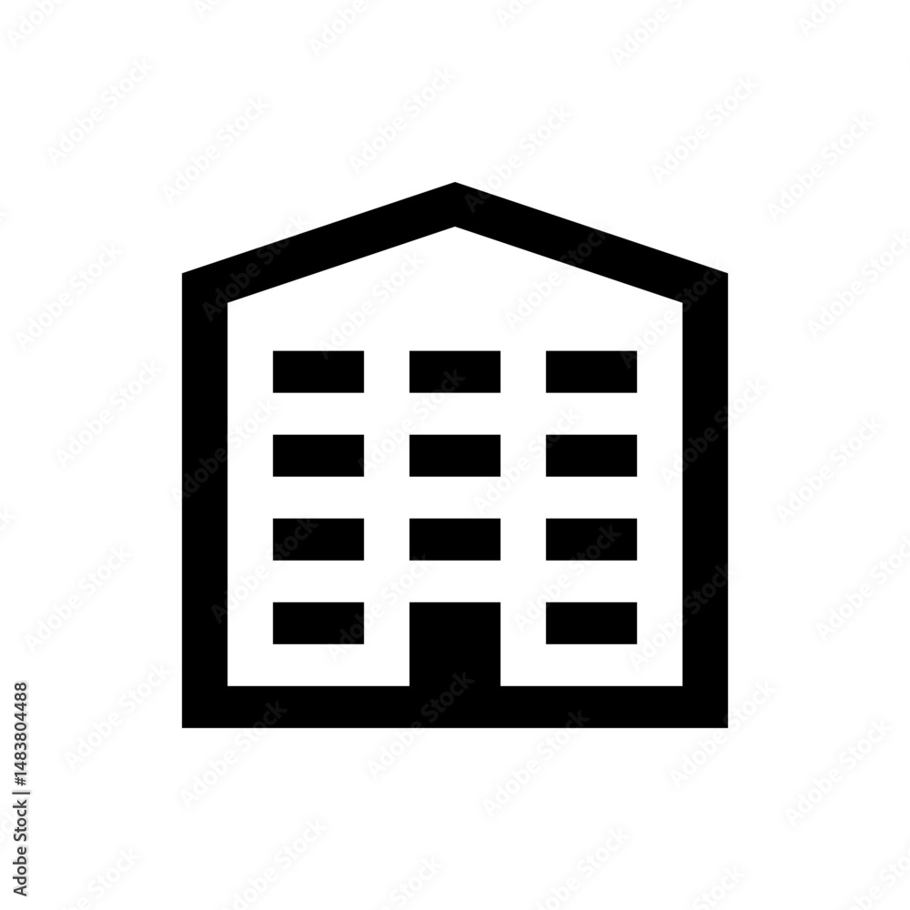 Poster illustration of a simple building with a peaked roof and multiple windows in a minimalist style icon