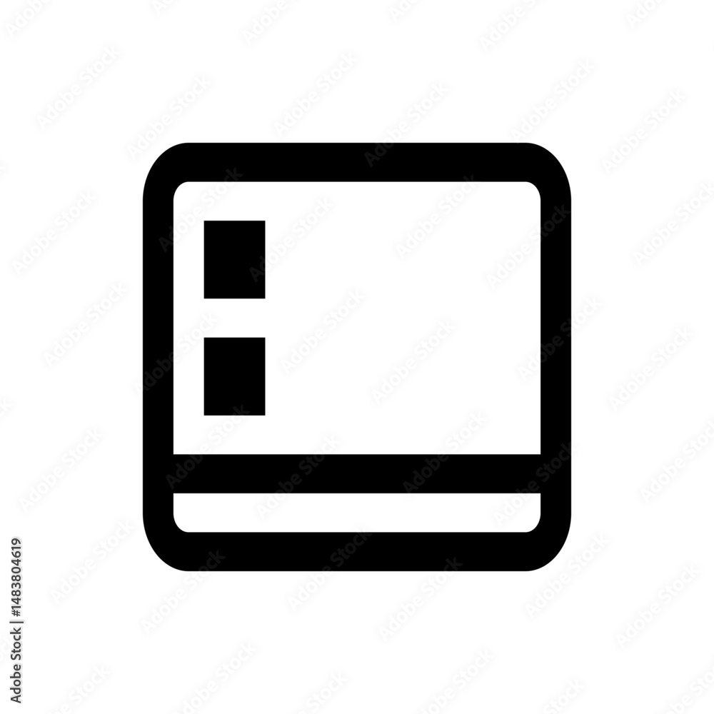 Poster illustration of a rectangular shape with rounded corners and two squares on the left side in black c