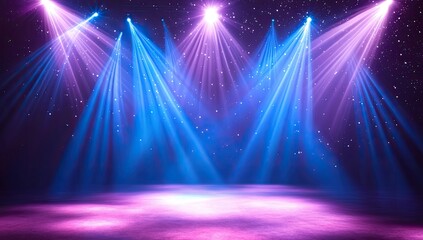 Stage lights, dramatic, colorful, glowing.  Powerful, vibrant, spotlights illuminate a dark stage with purple and blue light