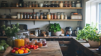 Cozy farmhouse kitchen with fresh produce and homemade preserves showcases country living at its finest
