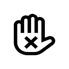 Black and white graphic of a hand with an x mark across the palm indicating stop or no entry symbol