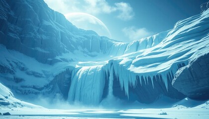 Frozen Planet Waterfall: Sci-Fi Landscape with Glacial Ice and Alien Moon