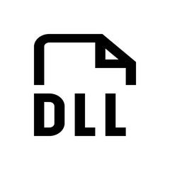 Illustration of a black dll file icon with a folded corner on a white background in a simple graphic style
