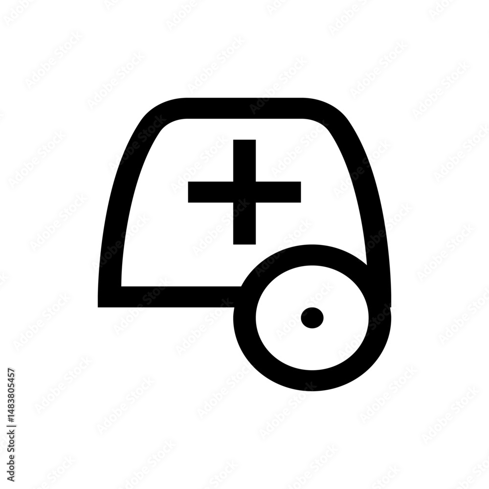 Aufkleber illustration of a medical cap with a plus sign and a circular object with a dot inside it shown in b