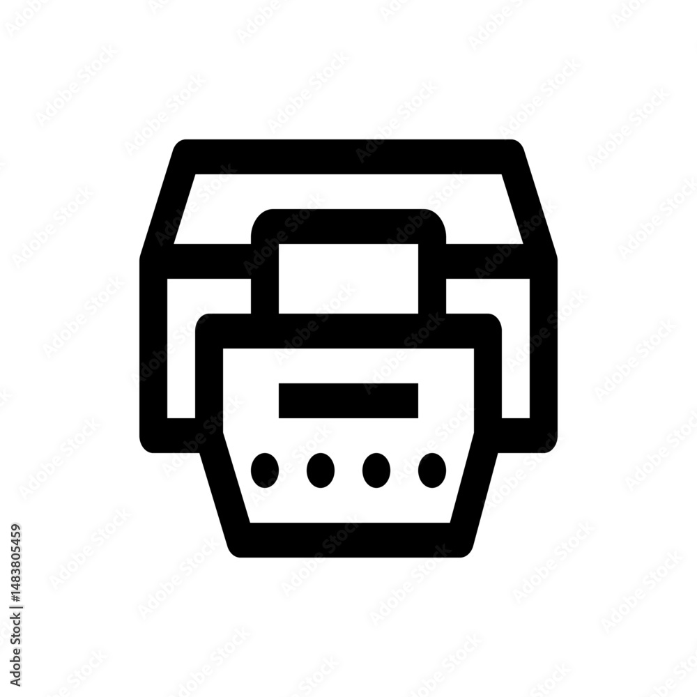 Poster illustration of a printer with a paper tray and control panel featuring four circular buttons and a 