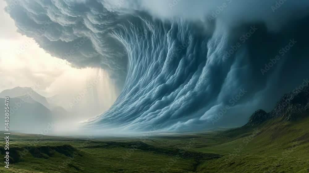 Poster a large wave of water is crashing over a mountain range. the sky is cloudy and the sun is shining th