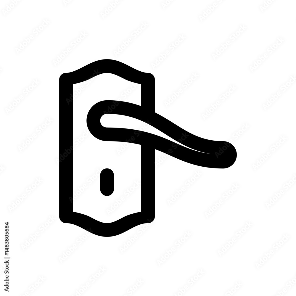 Poster illustration of a black outline door handle with a rectangular backplate and keyhole on a white back