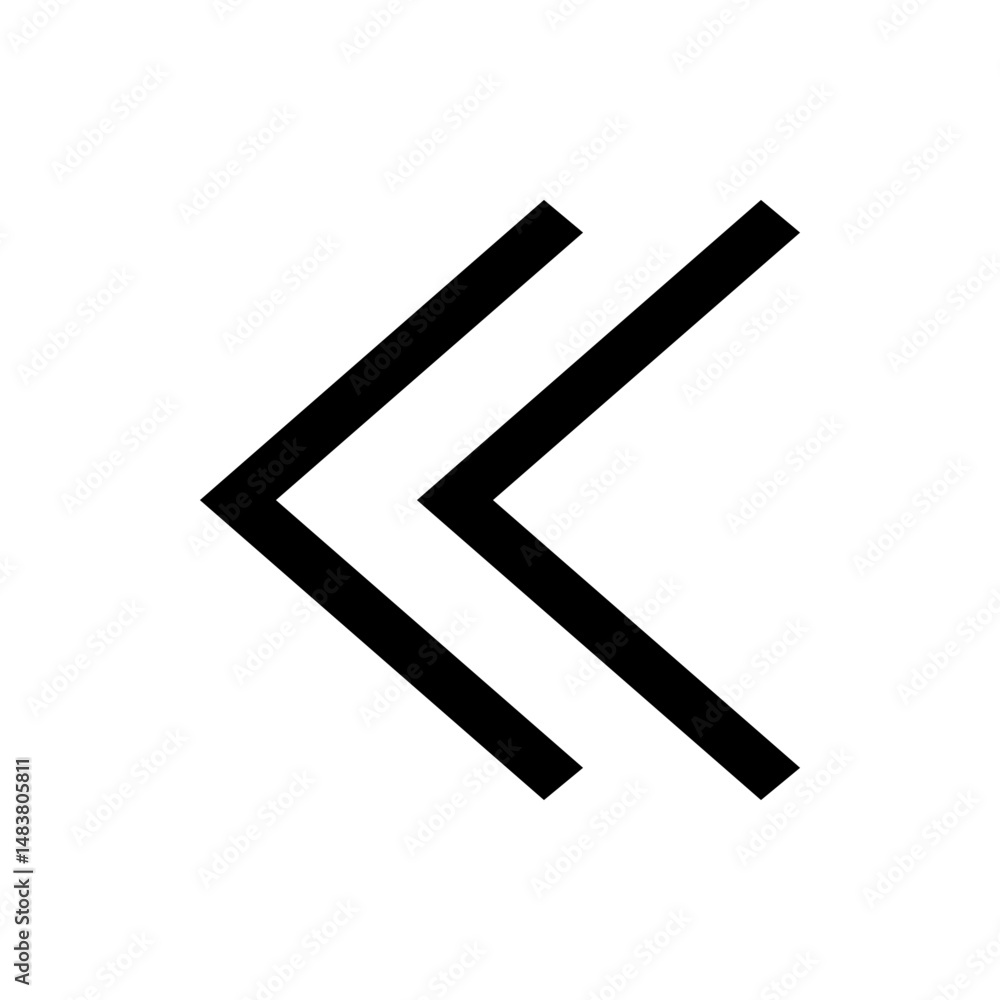 Poster double chevron pointing left in black outline on a white background creating a simple direction symb