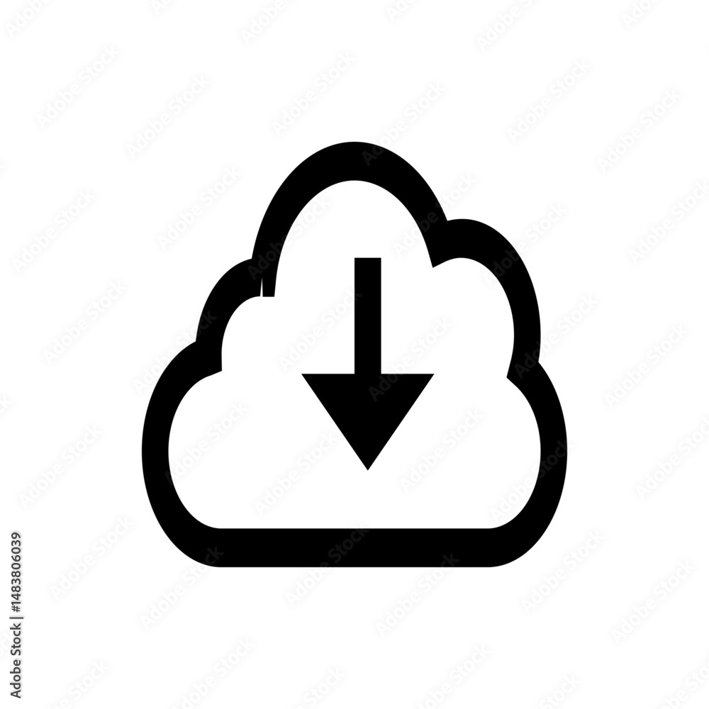Poster black outline of a cloud with an arrow pointing down indicating a download on a white background des