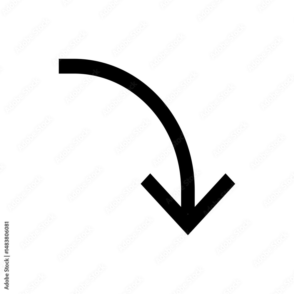 Poster a simple black curved arrow pointing downwards on a white background in a minimalistic illustration 