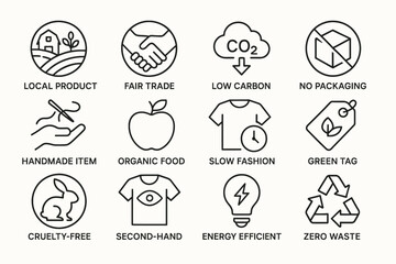 Eco-friendly icon set: sustainable practices, organic products, ethical consumption