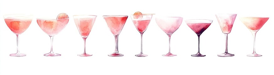 A selection of pink cocktails in martini glasses
