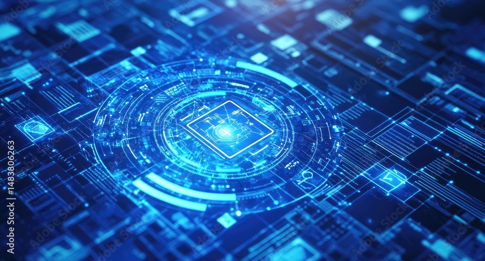Poster a futuristic circuit board design with a central glowing microchip, surrounded by intricate glowing 