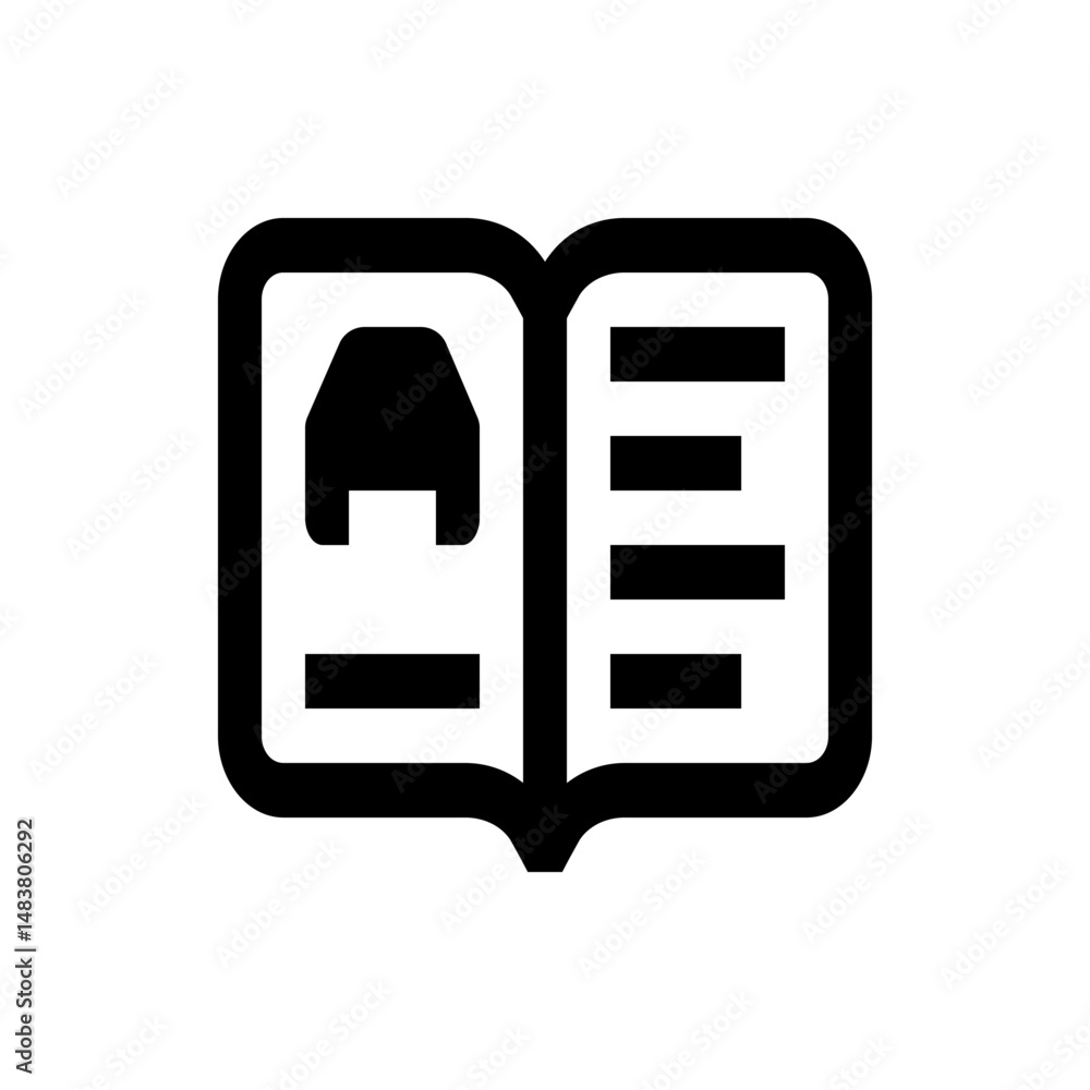 Poster open book icon with rounded corners displaying a portrait and text on facing pages in black and whit