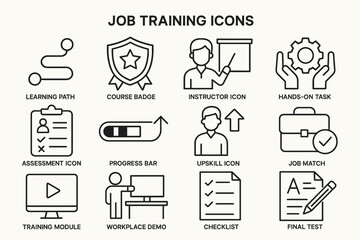 Job training icons set: learning path, instructor, upskill, hands-on task, assessment