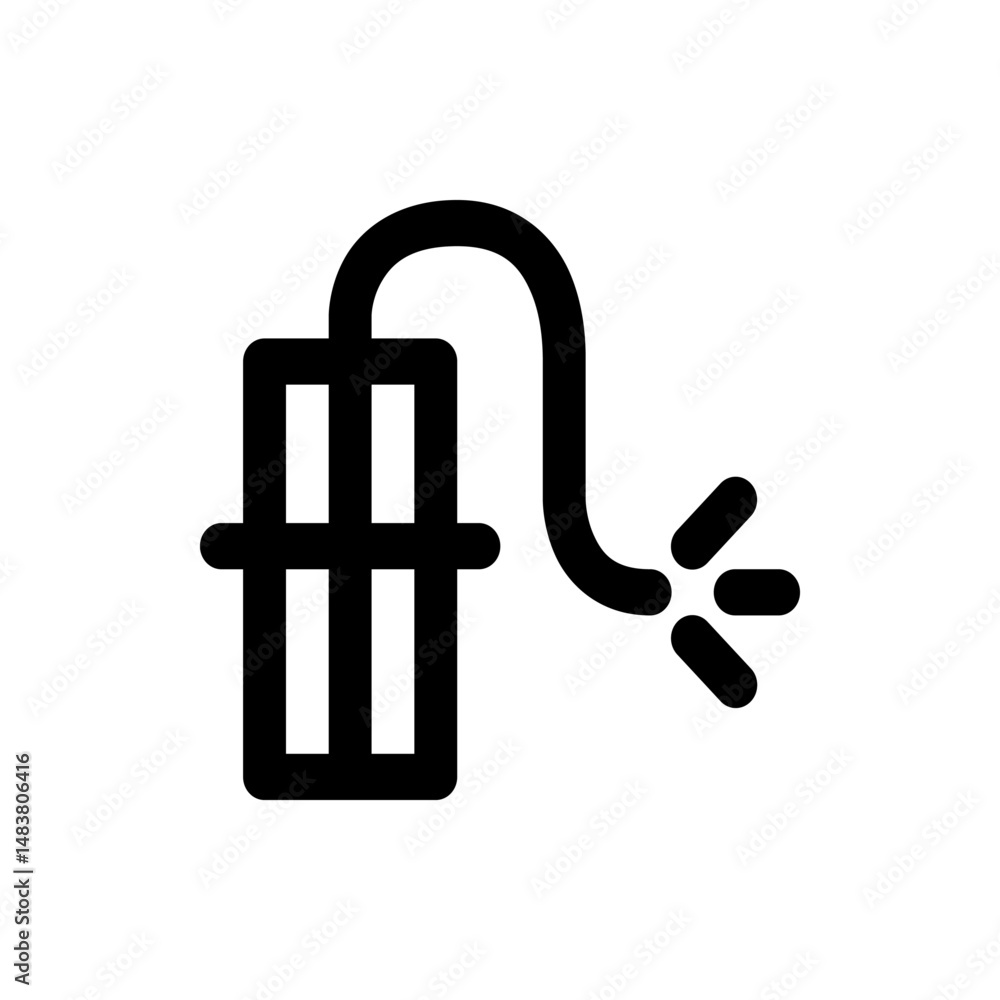 Poster illustration of a black dynamite stick with a lit fuse on a white background in a simple line drawin