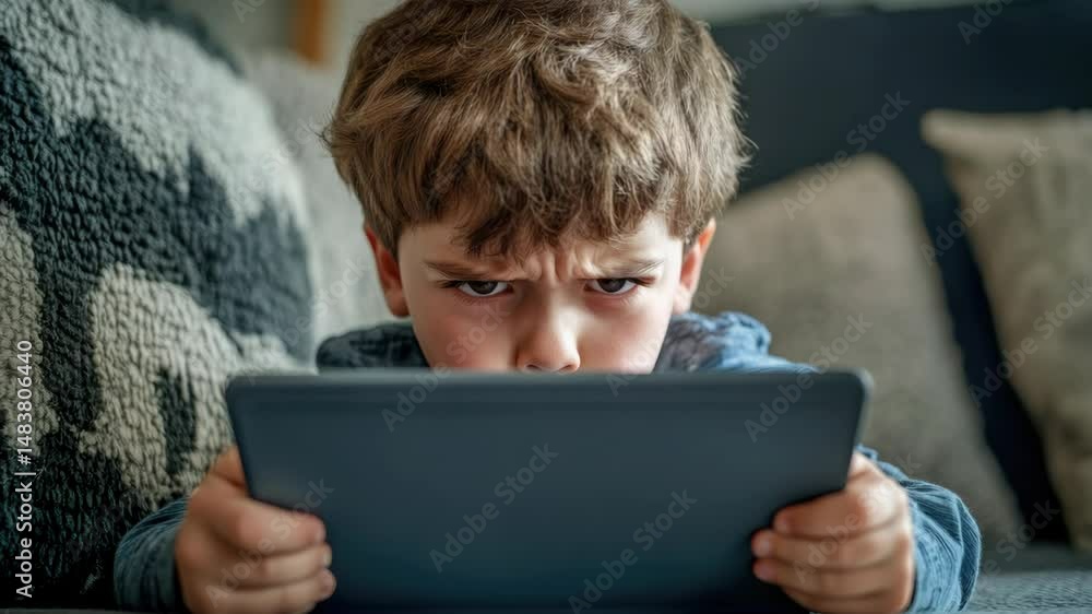 Poster a young boy is holding a tablet and looking at it with a frown on his face. he seems to be unhappy o