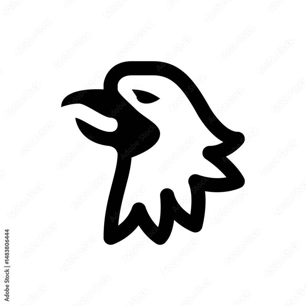 Poster illustration of an eagle head in black and white with a bold outline and sharp features in profile v