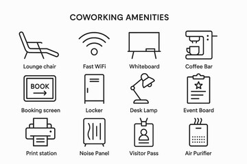 Coworking space amenities icons: lounge chair, fast wifi, whiteboard, coffee bar, booking screen