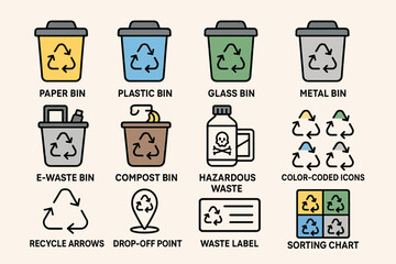 Color-coded recycling bins and icons: paper, plastic, glass, metal, e-waste, compost solutions