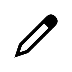 A simple black and white graphic illustration of a pencil with a pointed tip and a rectangular eraser end