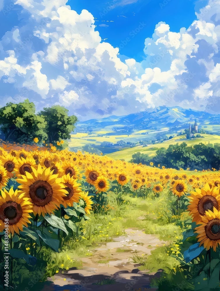 Aufkleber 晴れた空の下で咲くヒマワリ畑の壮大な風景 田舎の魅力を描いた鮮やかな水彩画風イラスト