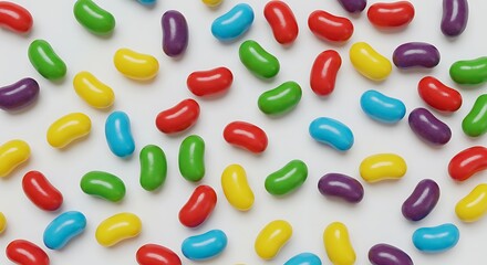 "Realistic pattern of colorful jelly beans scattered freely, smooth reflections, white background"

