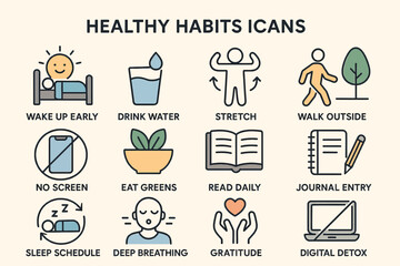 Healthy habits icons: daily routines for wellness and mindfulness