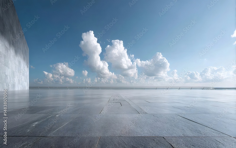 Aufkleber 青い空と白い雲の下の灰色コンクリートの床と壁の静かな屋外の風景 ミニマルでモダンな建築デザイン
