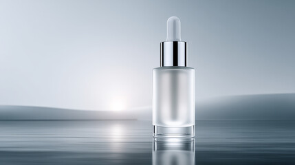 Elegant dropper bottle on reflective surface, highlighting beauty product in soft lighting.