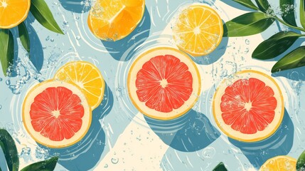 Vibrant Citrus Fruit Slices in Water with Leaves