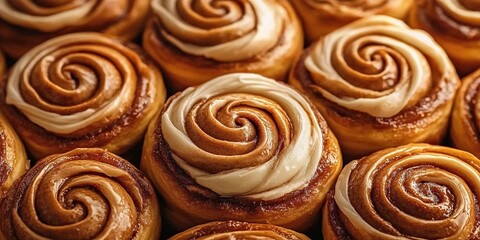 Close-up of freshly baked cinnamon rolls with cream cheese frosting
