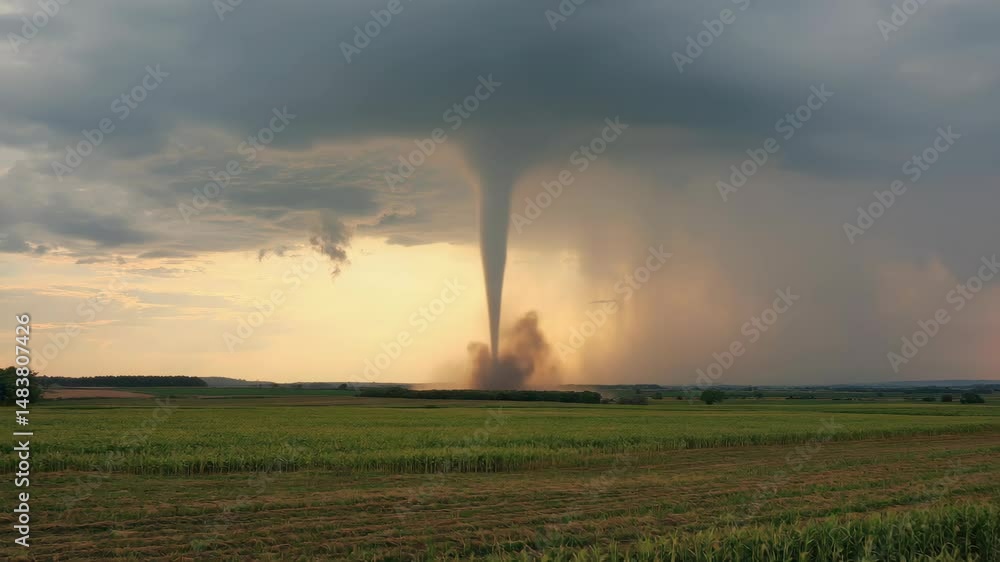 Poster a tornado is blowing through a field of corn. the sky is cloudy and the sun is setting