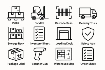 Warehouse icons: pallet, forklift, barcode, delivery truck, storage solutions