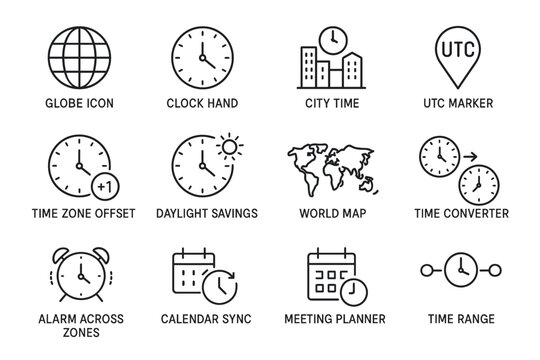 Time zone icons: globe, clocks, city time, world map, utc marker, alarm, daylight savings