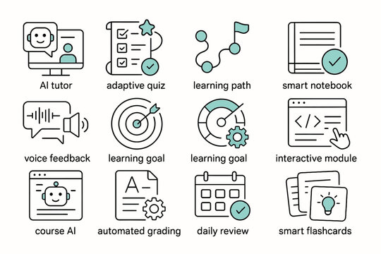 Educational tools icons featuring ai tutor, adaptive quiz, and learning path