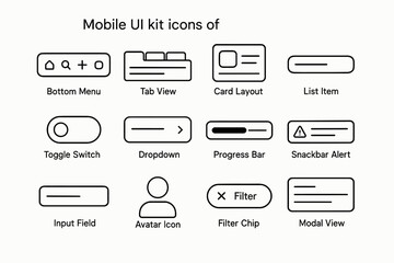 Mobile ui kit icons featuring menus, cards, alerts, toggles, and avatar