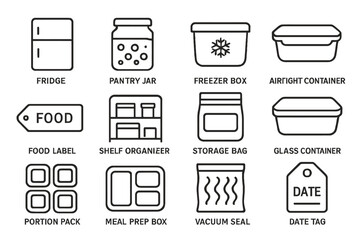 Kitchen storage icons: fridge, pantry jar, freezer box, airtight container, food label designs