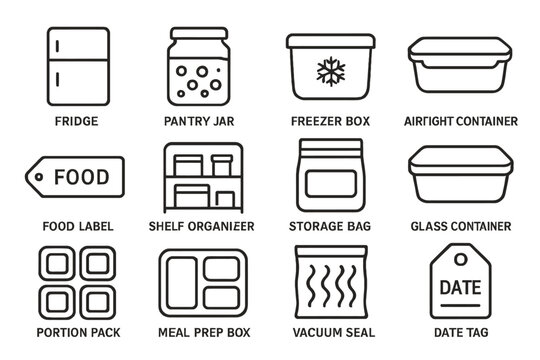 Kitchen storage icons: fridge, pantry jar, freezer box, airtight container, food label designs