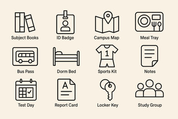 Essential school icons: books, id badge, campus map, meal tray, bus pass, dorm bed, sports kit, notes, test day, report card, locker key, study group