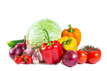 Mix of colorful vegetables - bell pepper, cabbage, tomatoes, cucumbers, onions and garlic. Isolated on white.