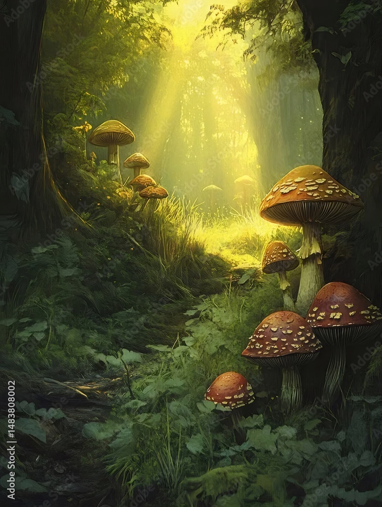 Aufkleber 太陽光が差し込む緑豊かな森の中の赤いドット柄のキノコが群生する風景