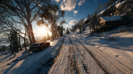 Obraz premium Snowy mountain road at sunset