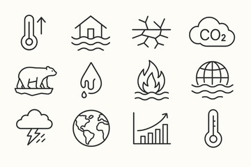 Climate change icons: global warming, rising sea levels, drought, co2, polar bear, melting ice