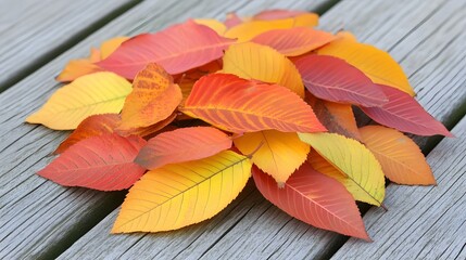 Vibrant Autumn Leaves Pile on Wooden Deck