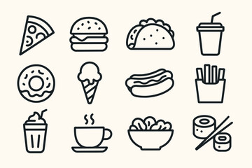 Outline icons of popular fast food items including pizza, burger, taco, and more