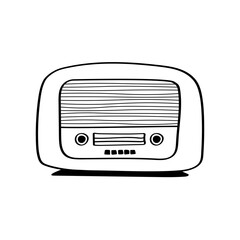 Vintage radio doodle icon for retro music themes or World Radio Day designs. Stylized hand-drawn radio receiver symbol, great for vintage audio or old music projects.